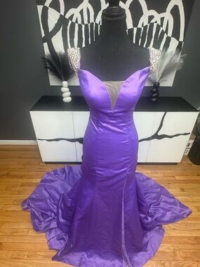 Rachel Allan Purple Satin Mermaid Gown Size 2 Pearl Strap Train Prom Dress